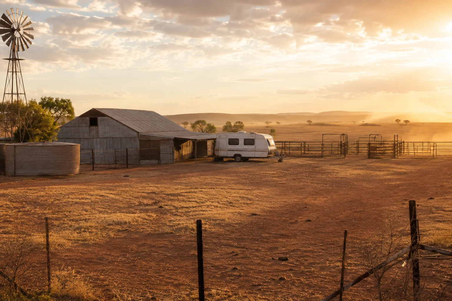Caravan parked at an outback cattle station camp