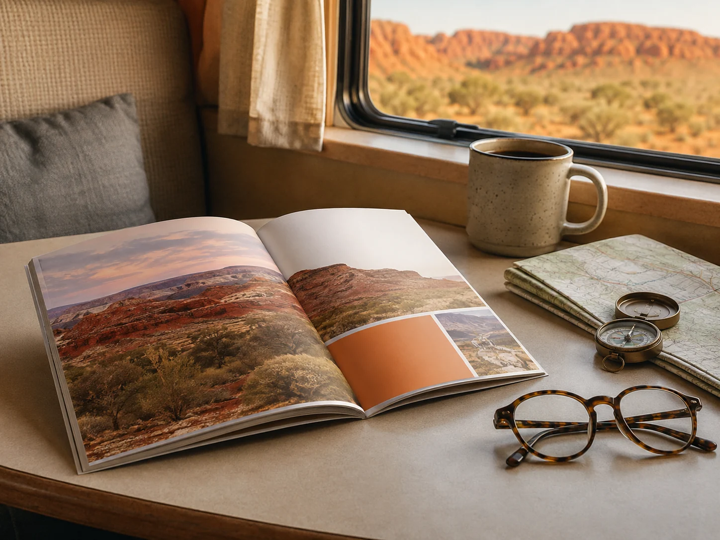 printed PDF guide open on a caravan table beside a coffee mug