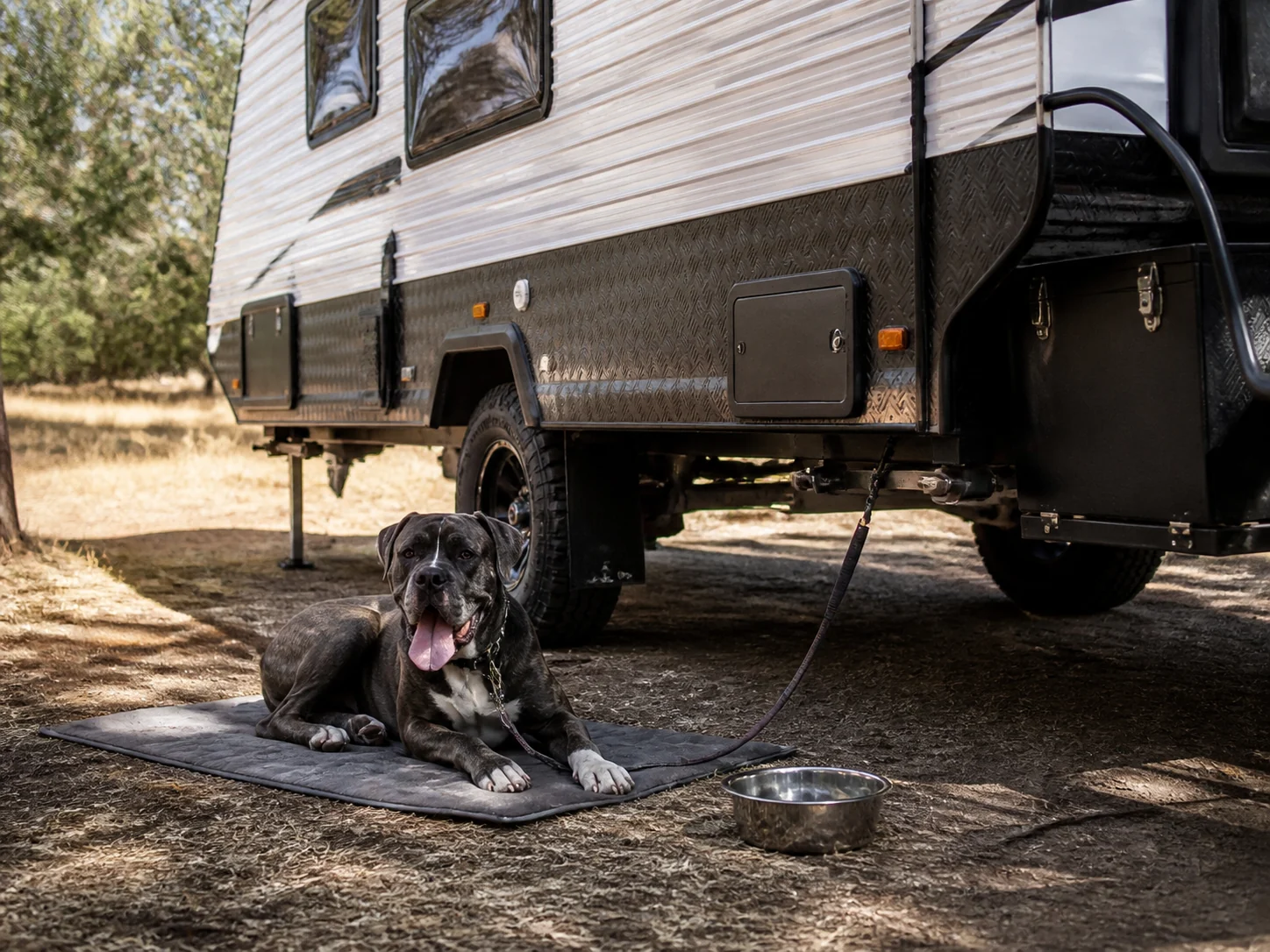 Dog sitting in the doorway of a caravan at a free camp