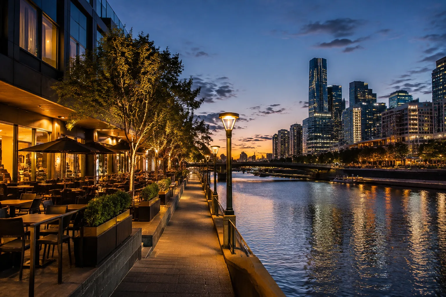 Riverside casino resort towers on the Yarra River at dusk