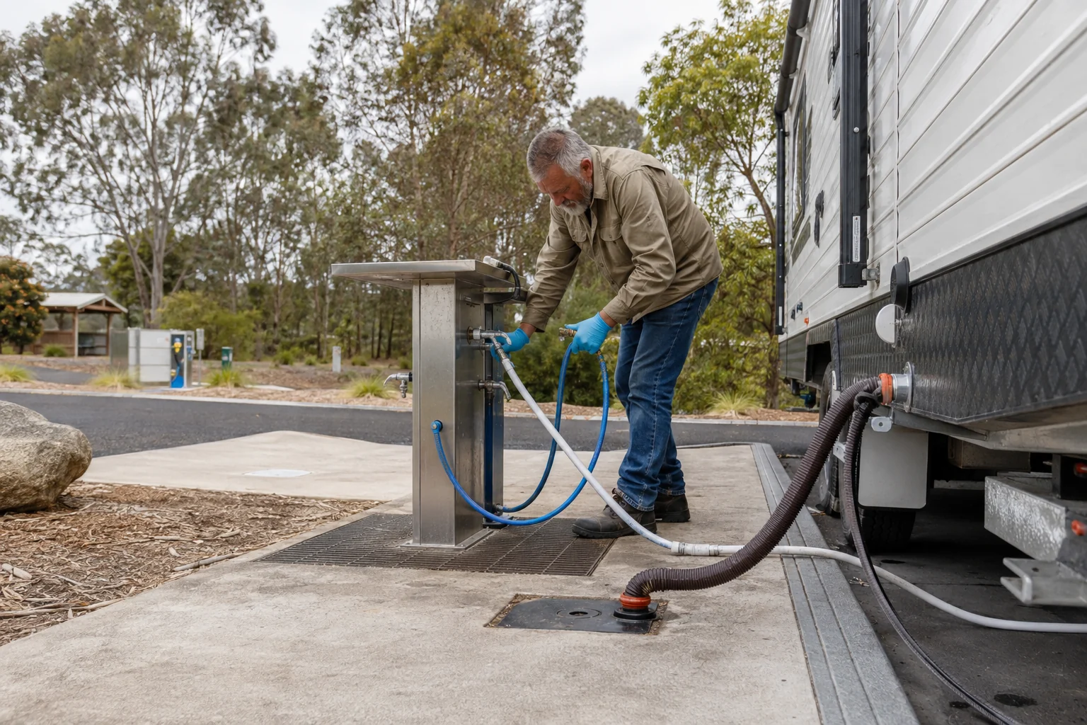 Caravan waste water dump point at a rural rest area