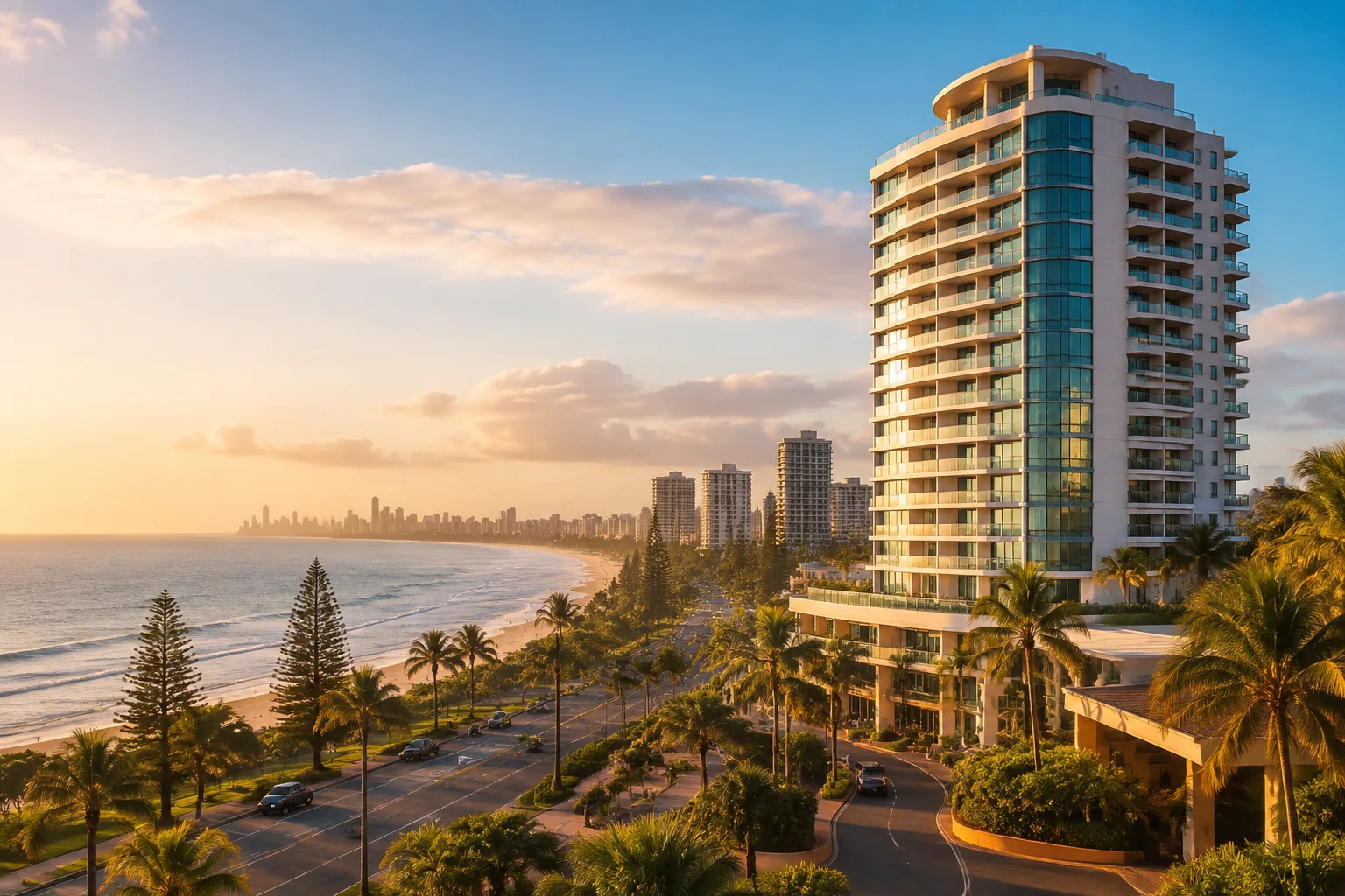 High-rise casino resort tower above Gold Coast beaches