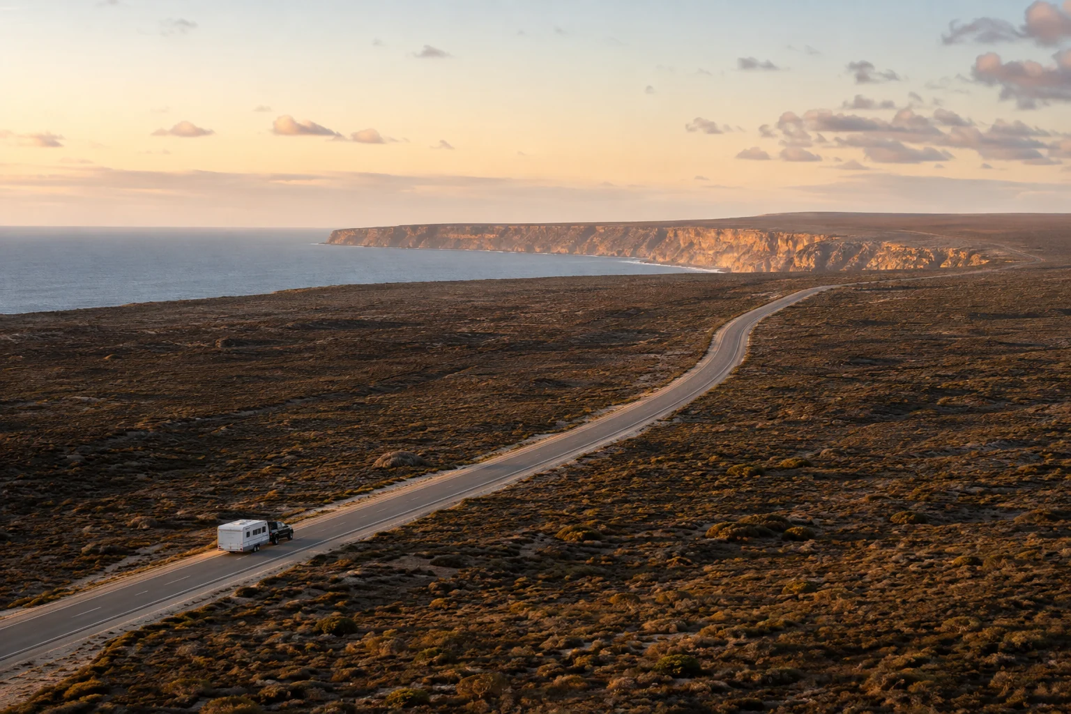 Caravan crossing the long straight Nullarbor leg of the Big Lap