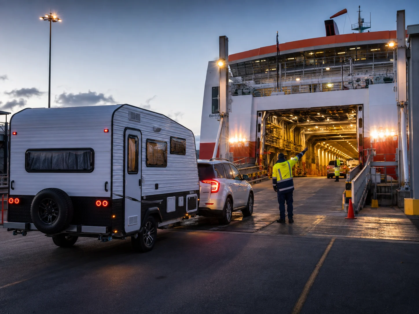 ferry loading ramp with a caravan queued to board