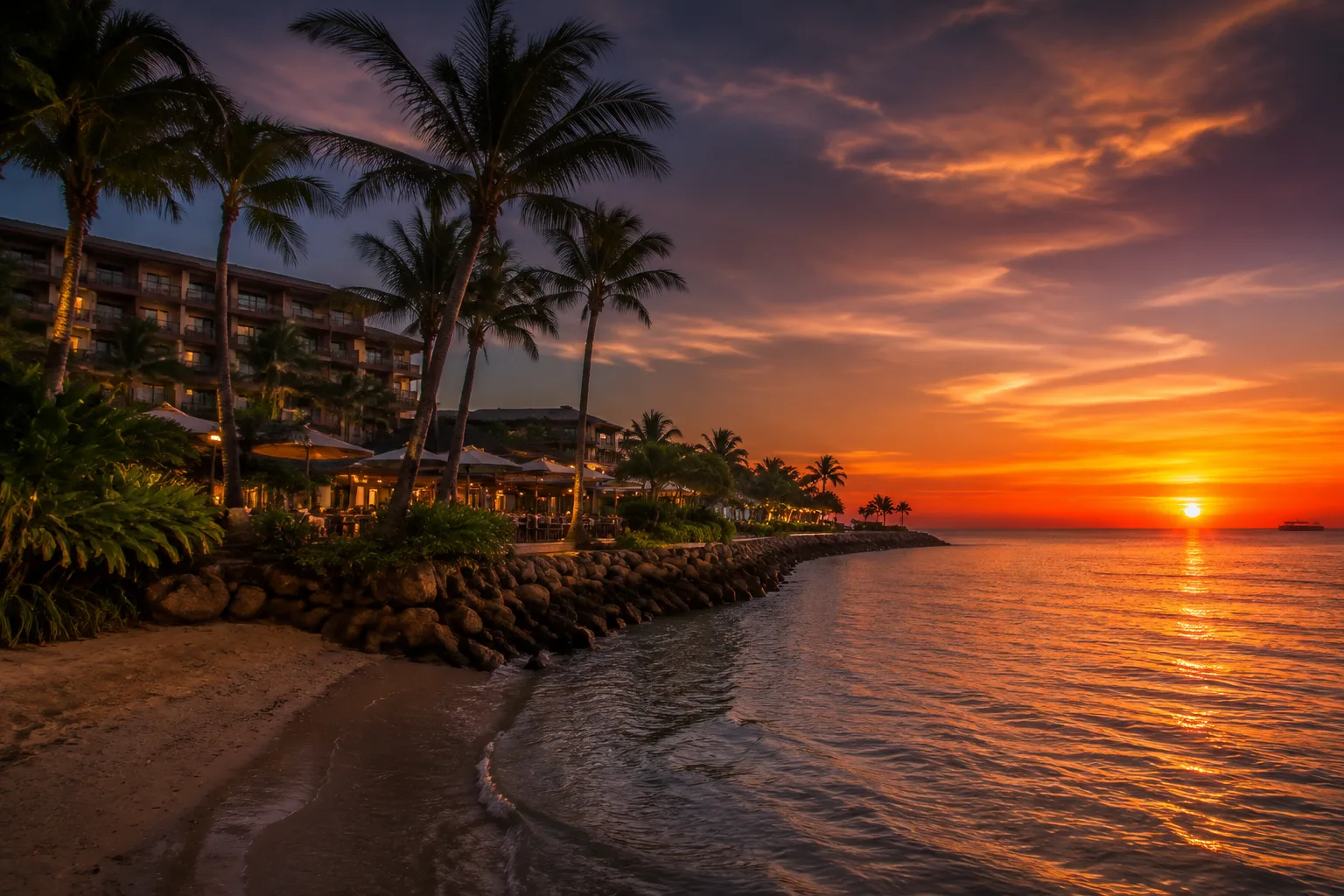 Beachfront casino resort at sunset, Darwin