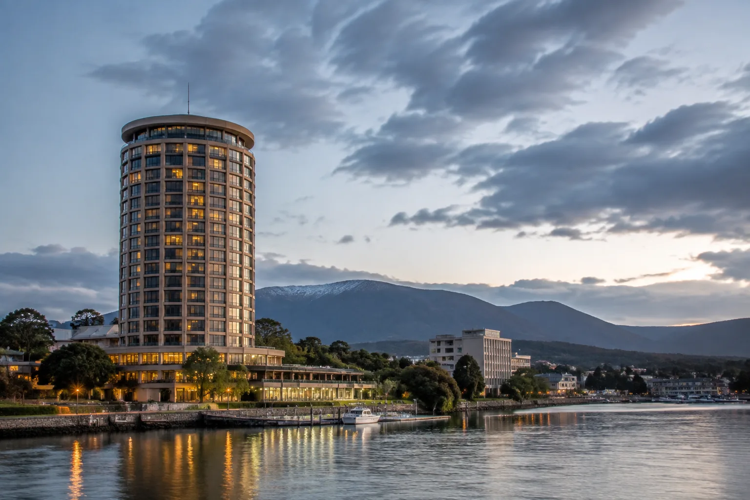 Circular tower hotel overlooking a river, Hobart