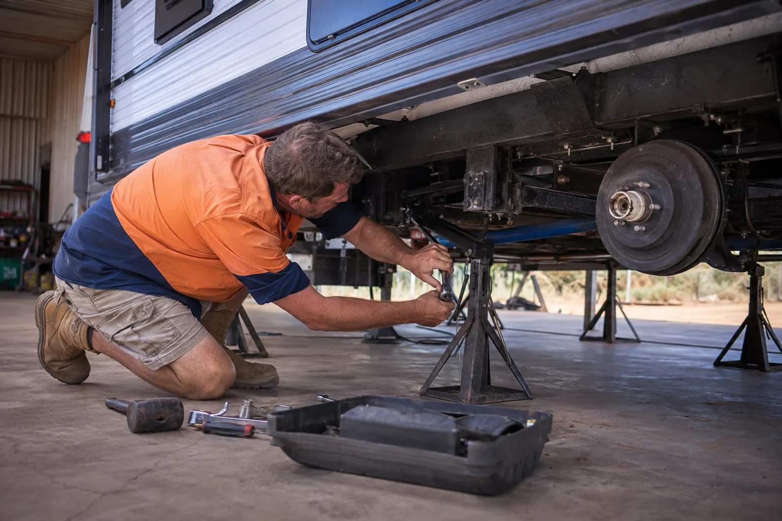 Minor roadside repair being carried out beside a caravan
