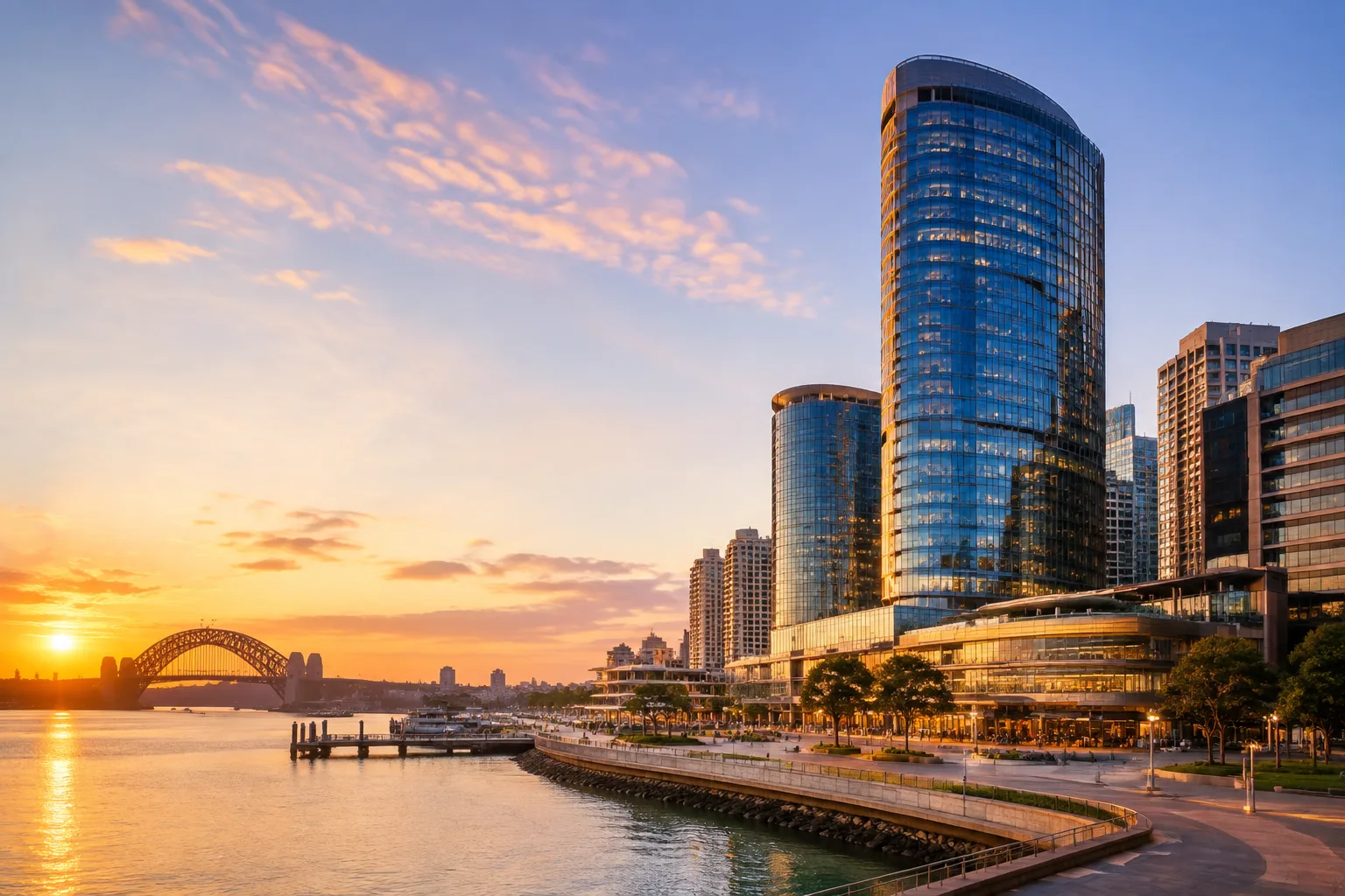 Tall glass hotel tower on Sydney Harbour foreshore
