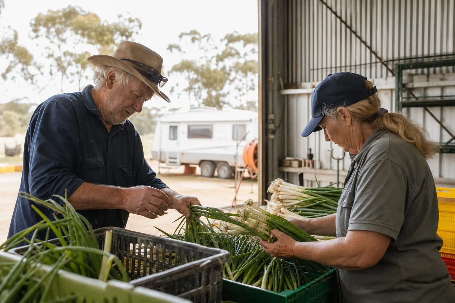 Couple working a seasonal fruit-picking job beside their caravan