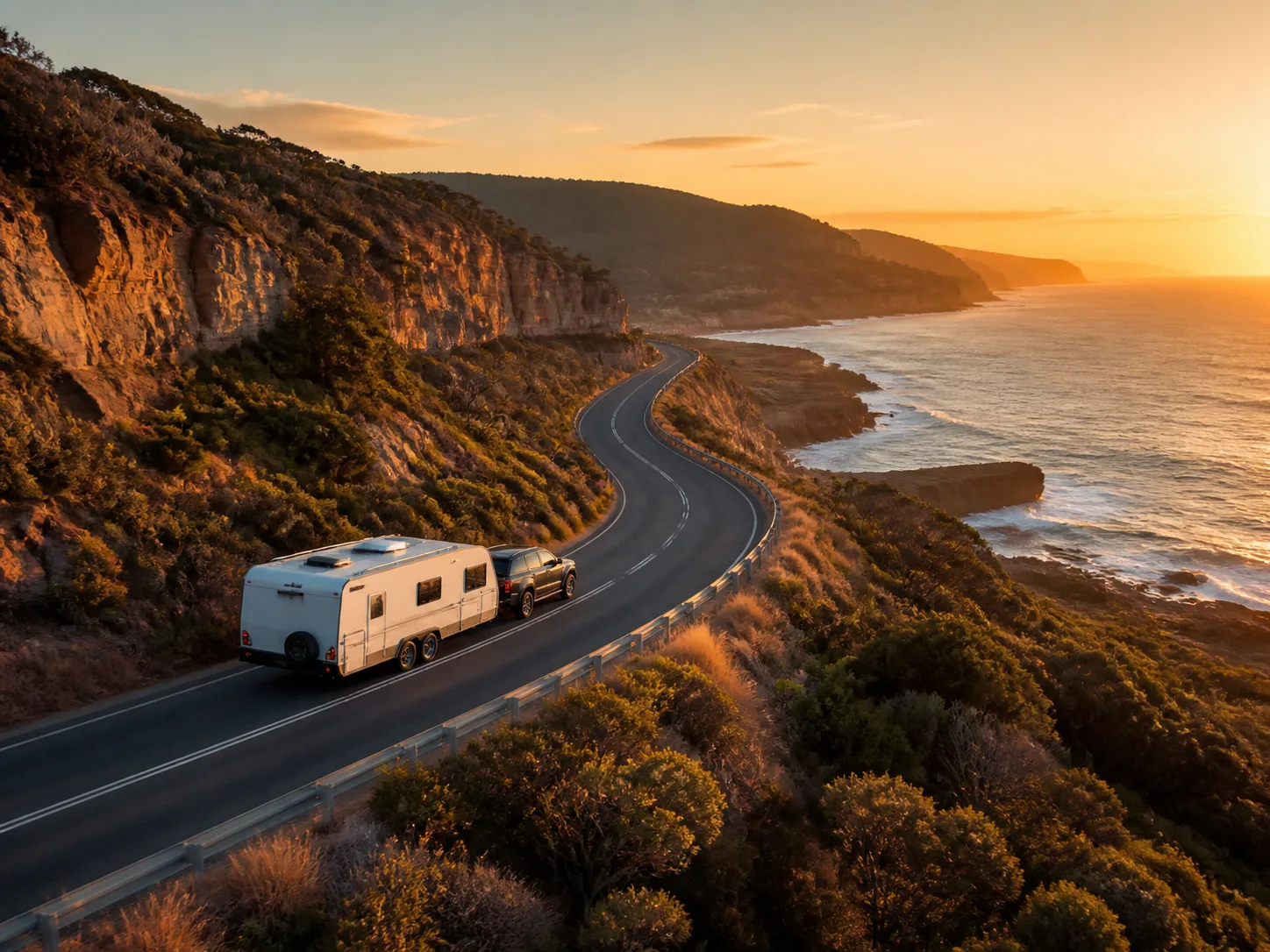 Caravan travelling along an Australian coastal highway at sunset
