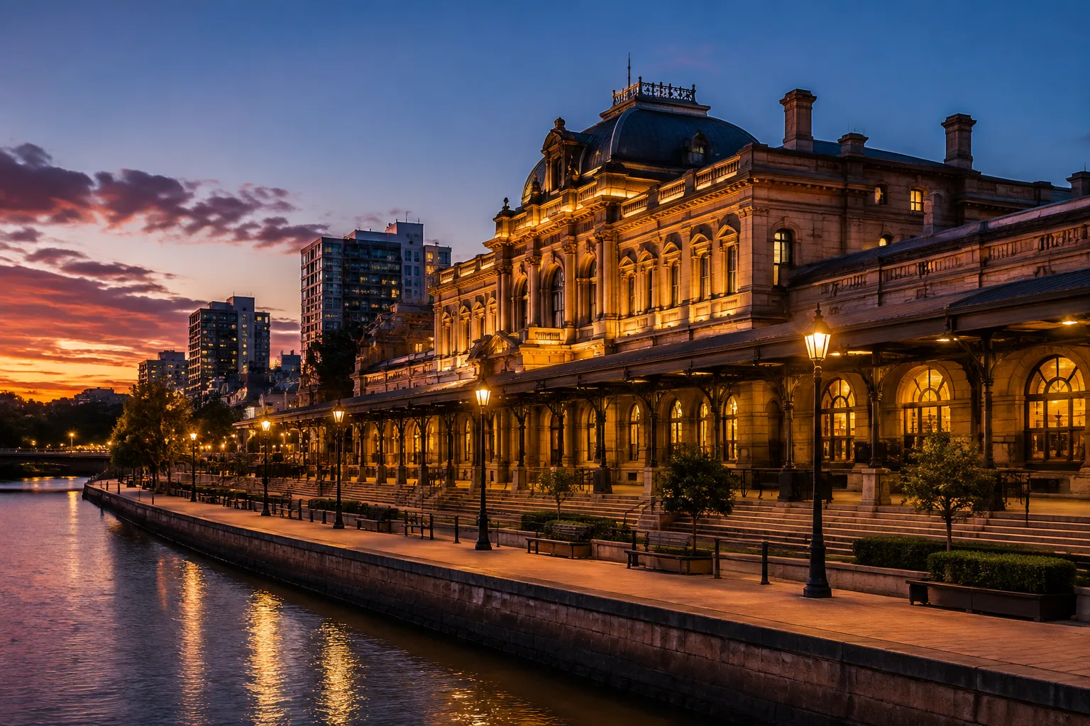Historic sandstone railway station building repurposed as a casino, Adelaide riverbank