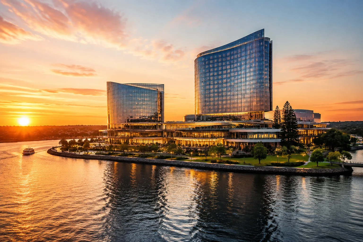 Casino resort towers on a river peninsula, Perth