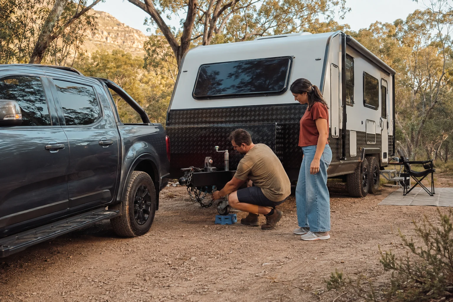Caravan and tow vehicle packed for a shakedown trip in the driveway