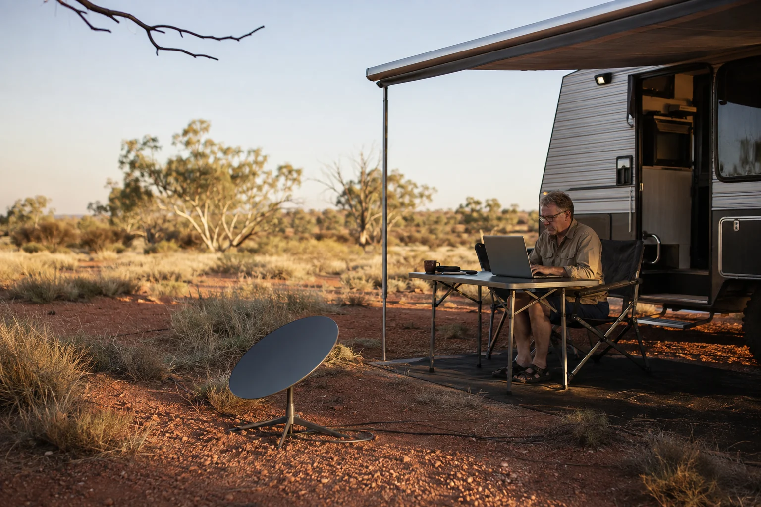 Starlink satellite dish set up beside a caravan at a remote camp