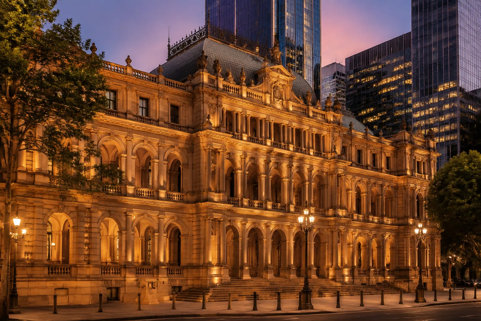Heritage sandstone government building in central Brisbane at dusk