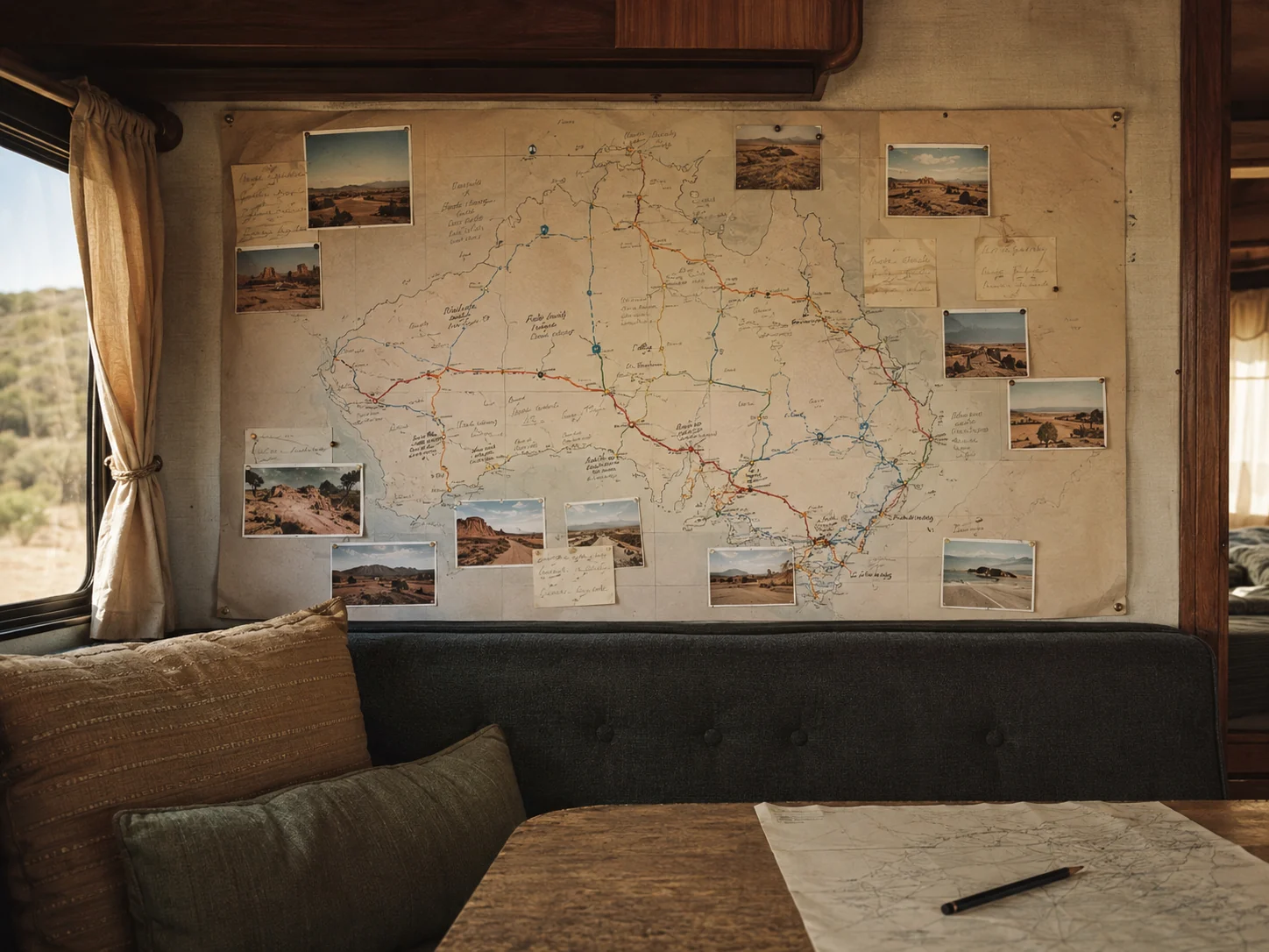 hand-drawn route plan pinned above a caravan dinette