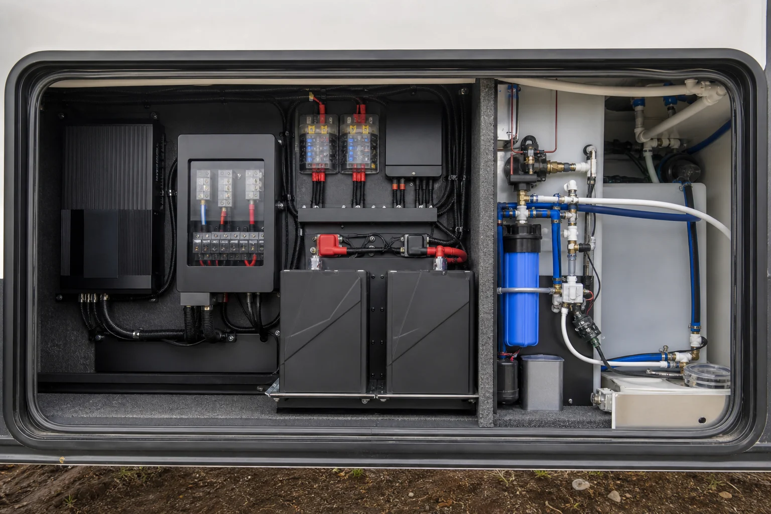 Roof-mounted solar panels and battery setup on a caravan