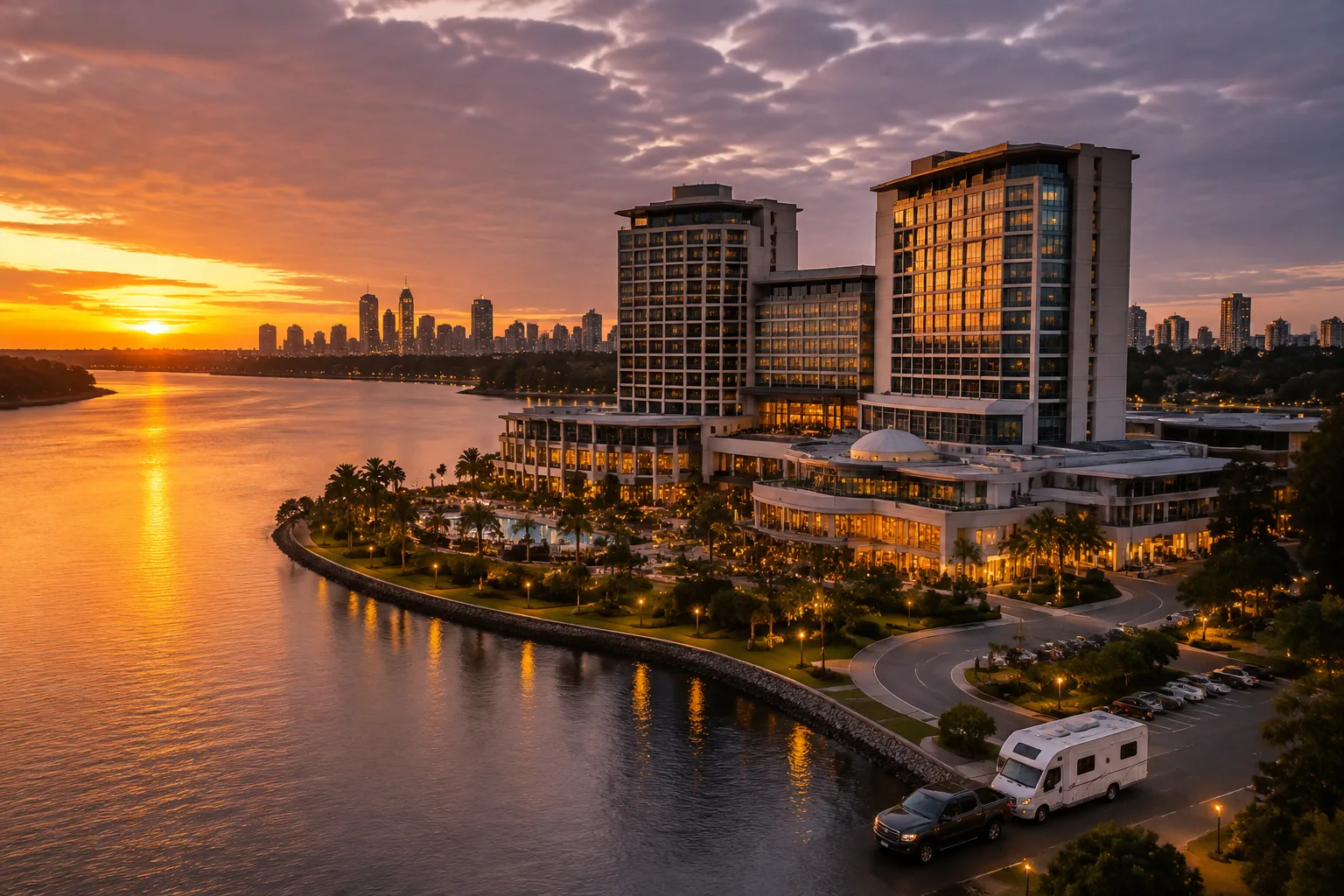 Casino resort towers on a river peninsula, Perth