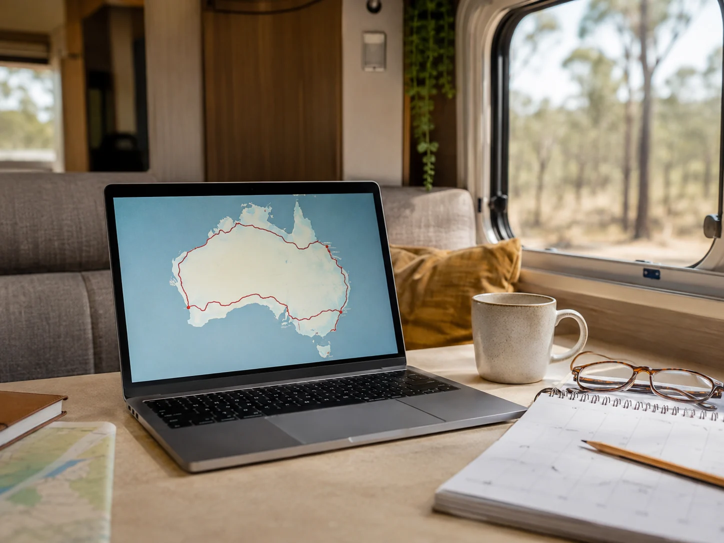 laptop open on a caravan table showing a route map