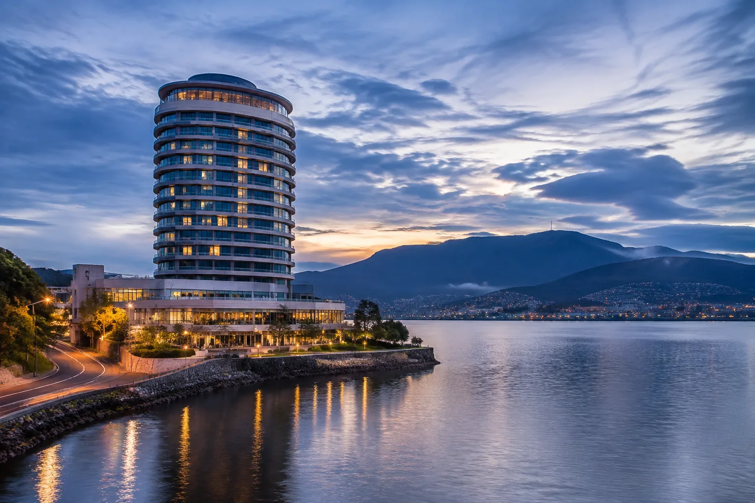 Circular tower hotel overlooking a river, Hobart