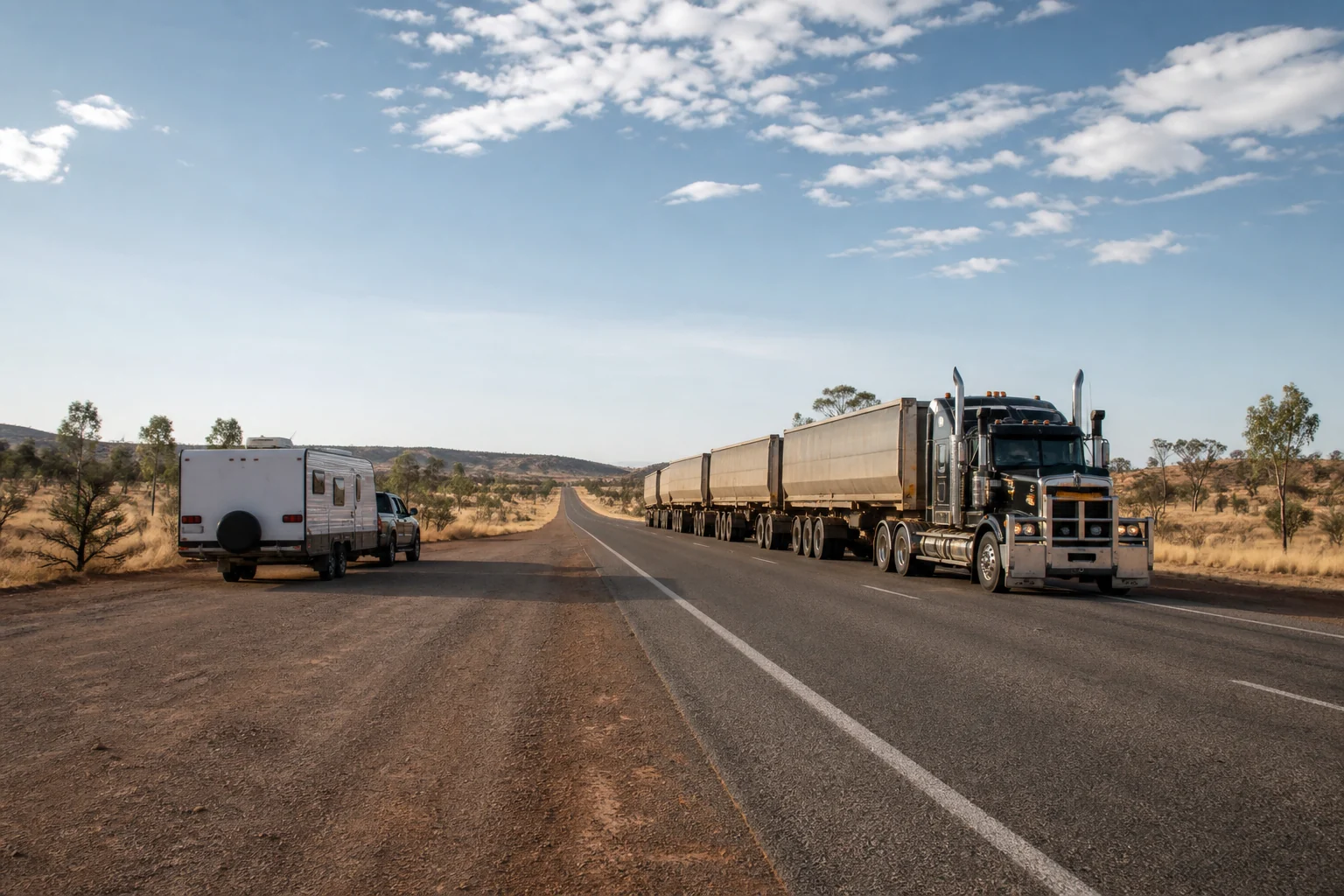 Long road train overtaking on a straight outback highway
