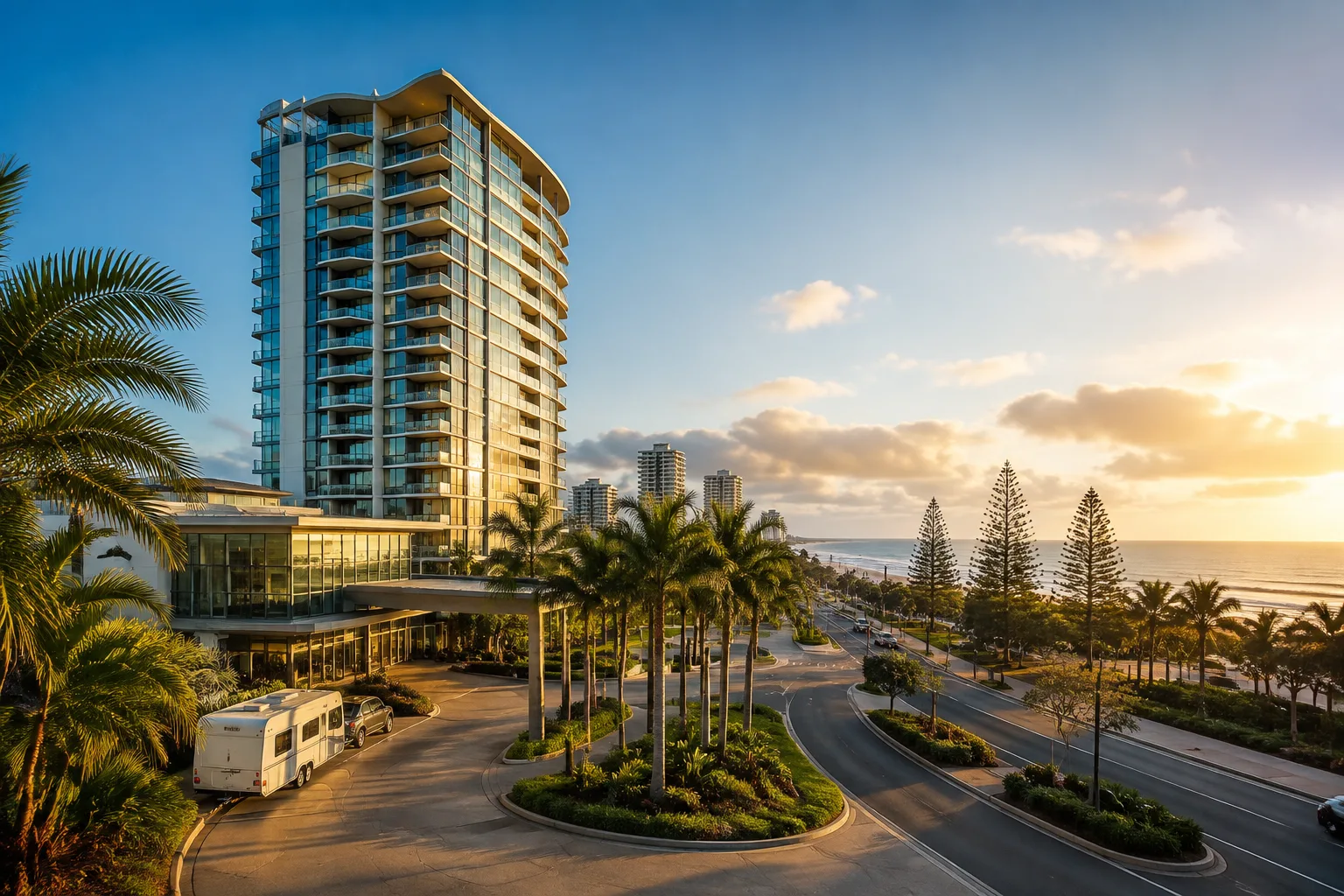 High-rise casino resort tower above Gold Coast beaches