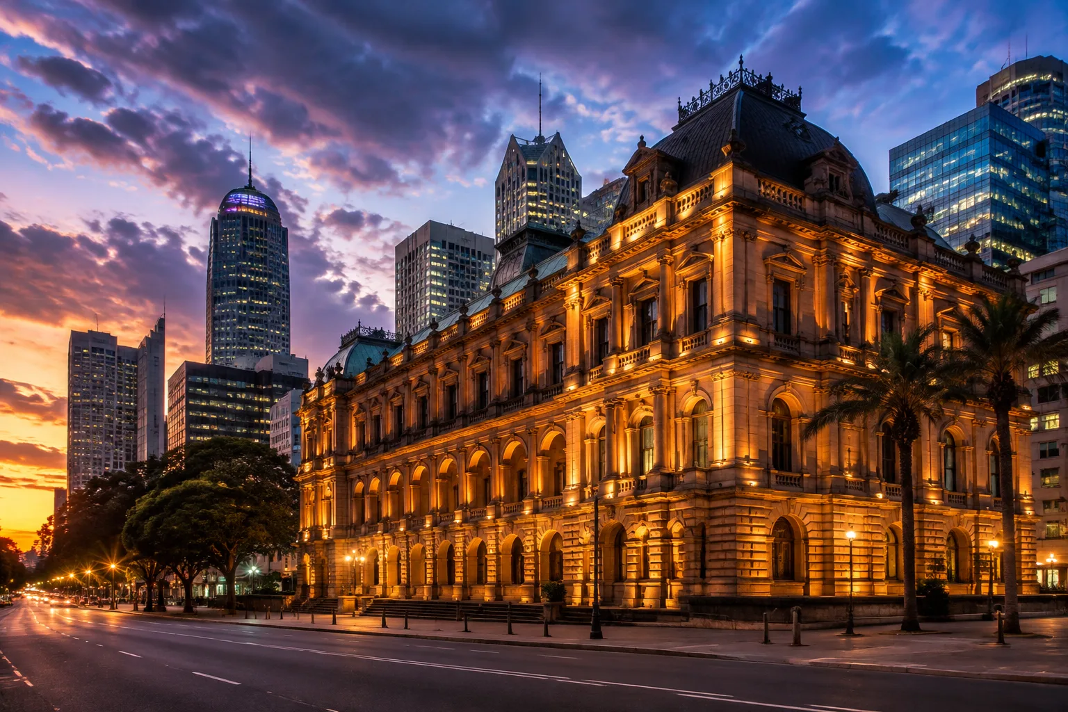 Heritage sandstone government building in central Brisbane at dusk