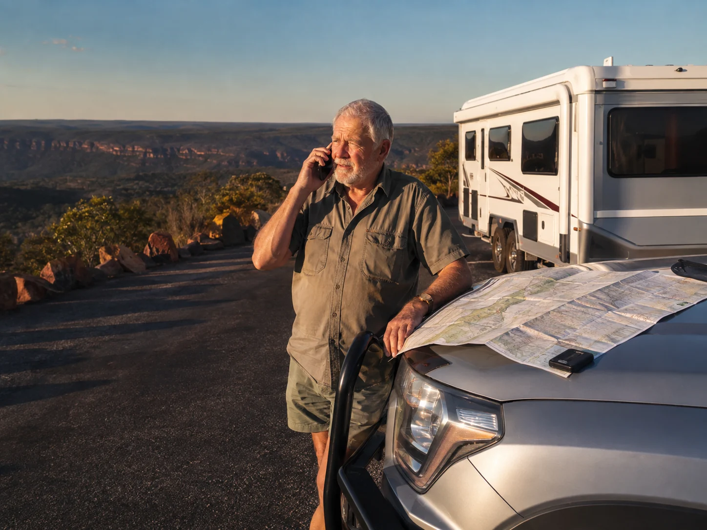 caravan pulled over at a lookout, driver on the phone