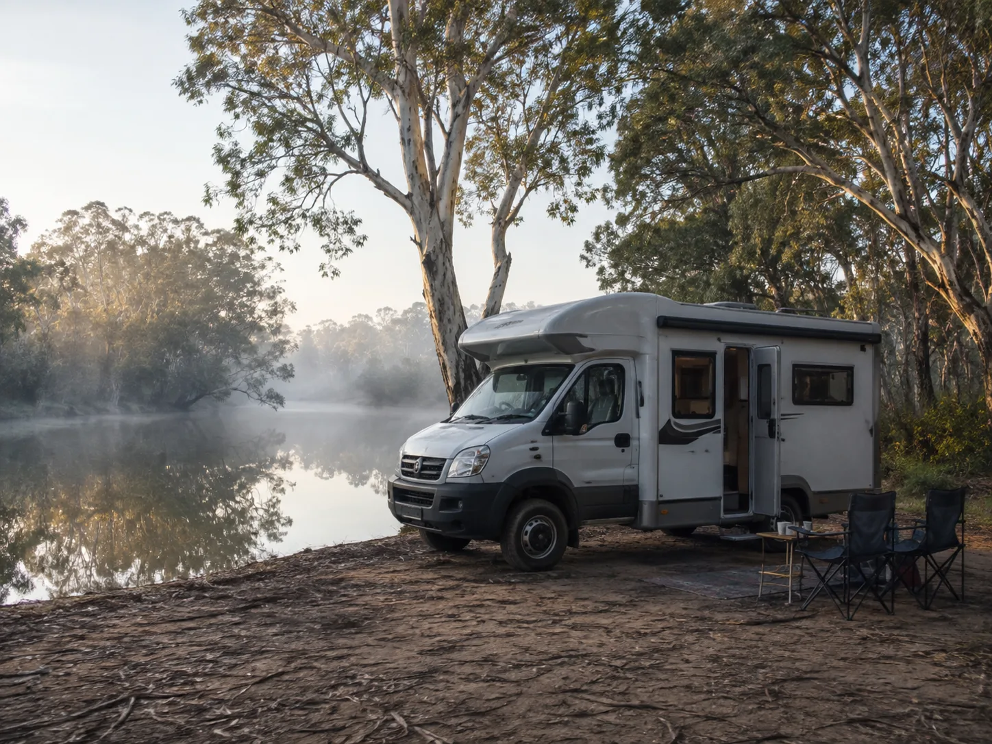 Motorhome parked at a quiet free camp beside a river