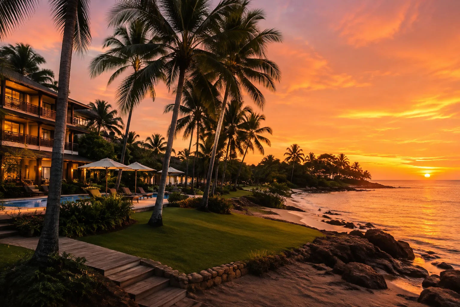 Beachfront casino resort at sunset, Darwin