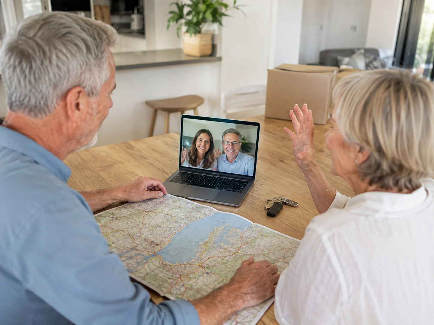 couple on a video call at their kitchen table, laptop open